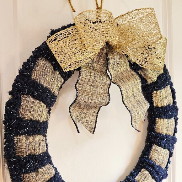 Metallic Accent Gold and Blue Yarn Wreath - Picture 3 of 5